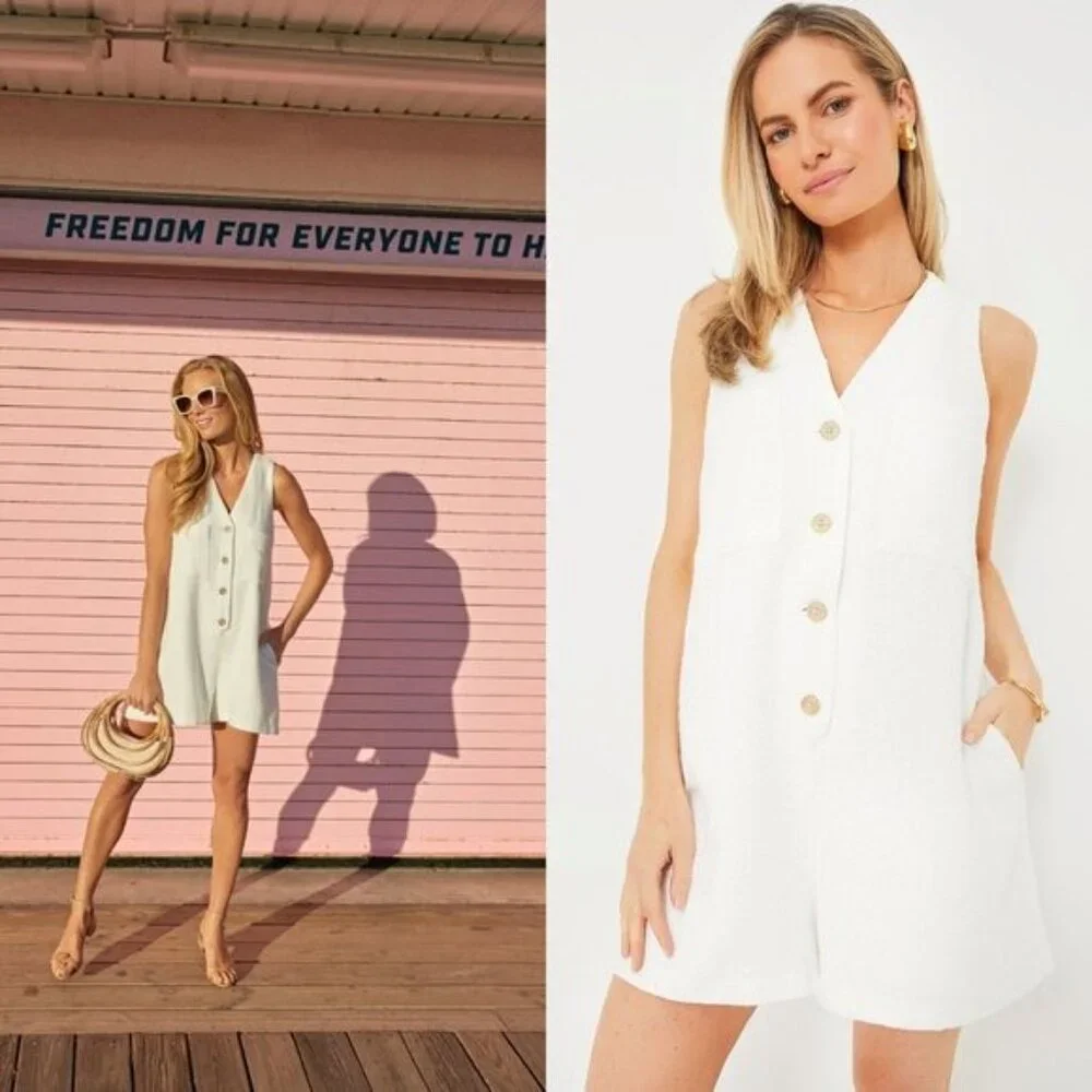 Tuckernuck NEW White Textured Tweed V Neck Myla Minimalist Romper - Picture 2 of 10